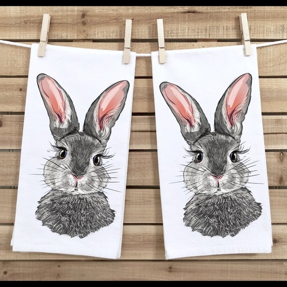 Easter Tea Towels, Set of 2, Gray Easter Bunny, 16x24 inches, microfiber - Picture 1 of 3
